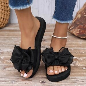 Black Slide Sandals with Bow Detail